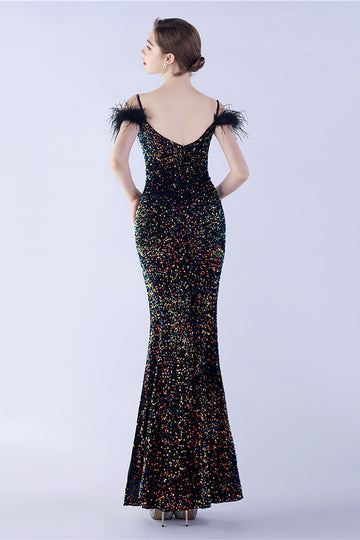 Mermaid Spaghetti Straps Sequin Formal Evening Dress With Feathers
